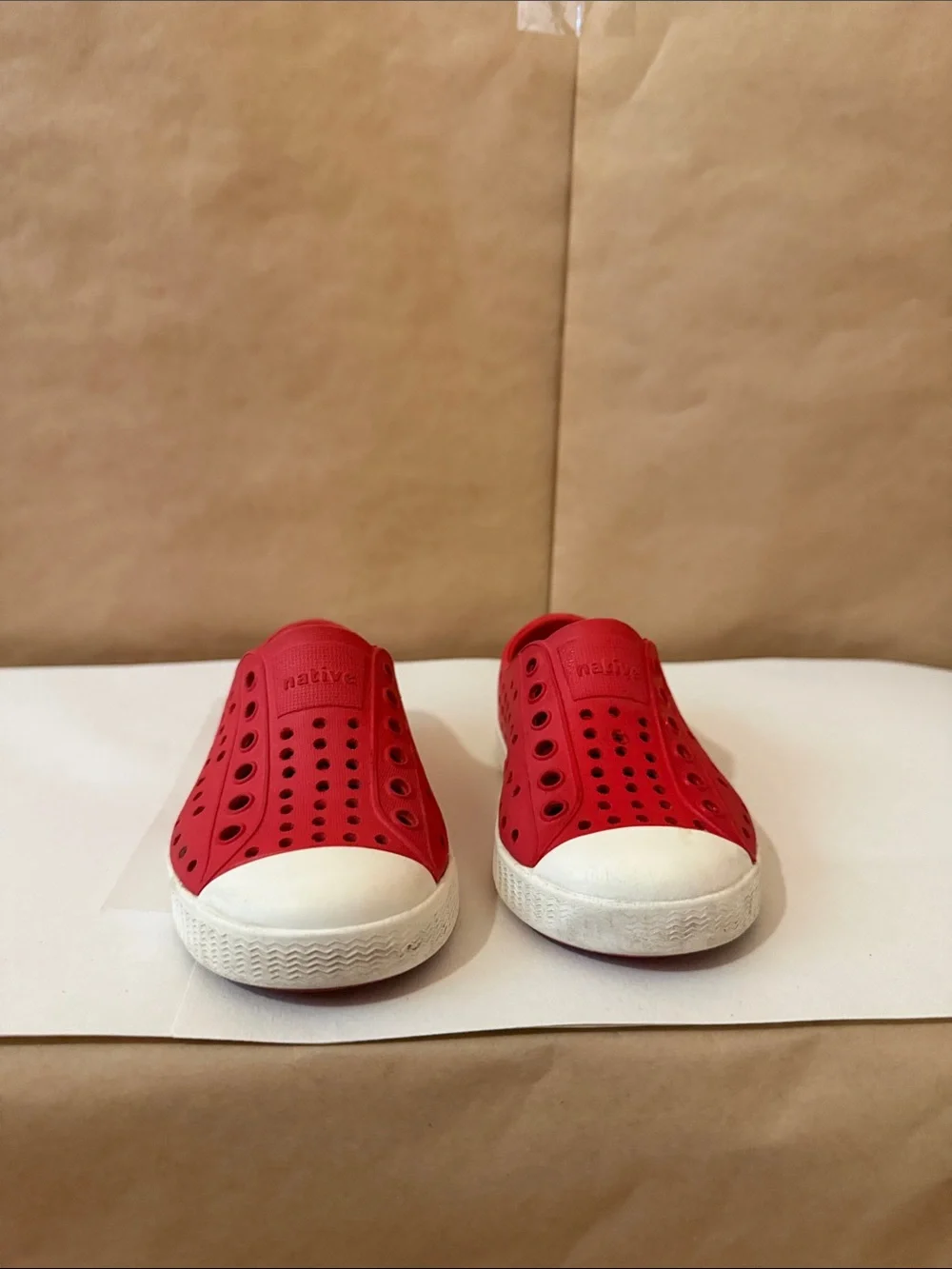 Native Kids Slip-On Sneakers in Bright Red with White Toe
